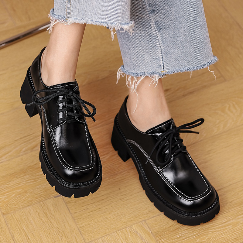 皮鞋英伦风棕色松糕女粗系带复古圆头厚底真皮单鞋