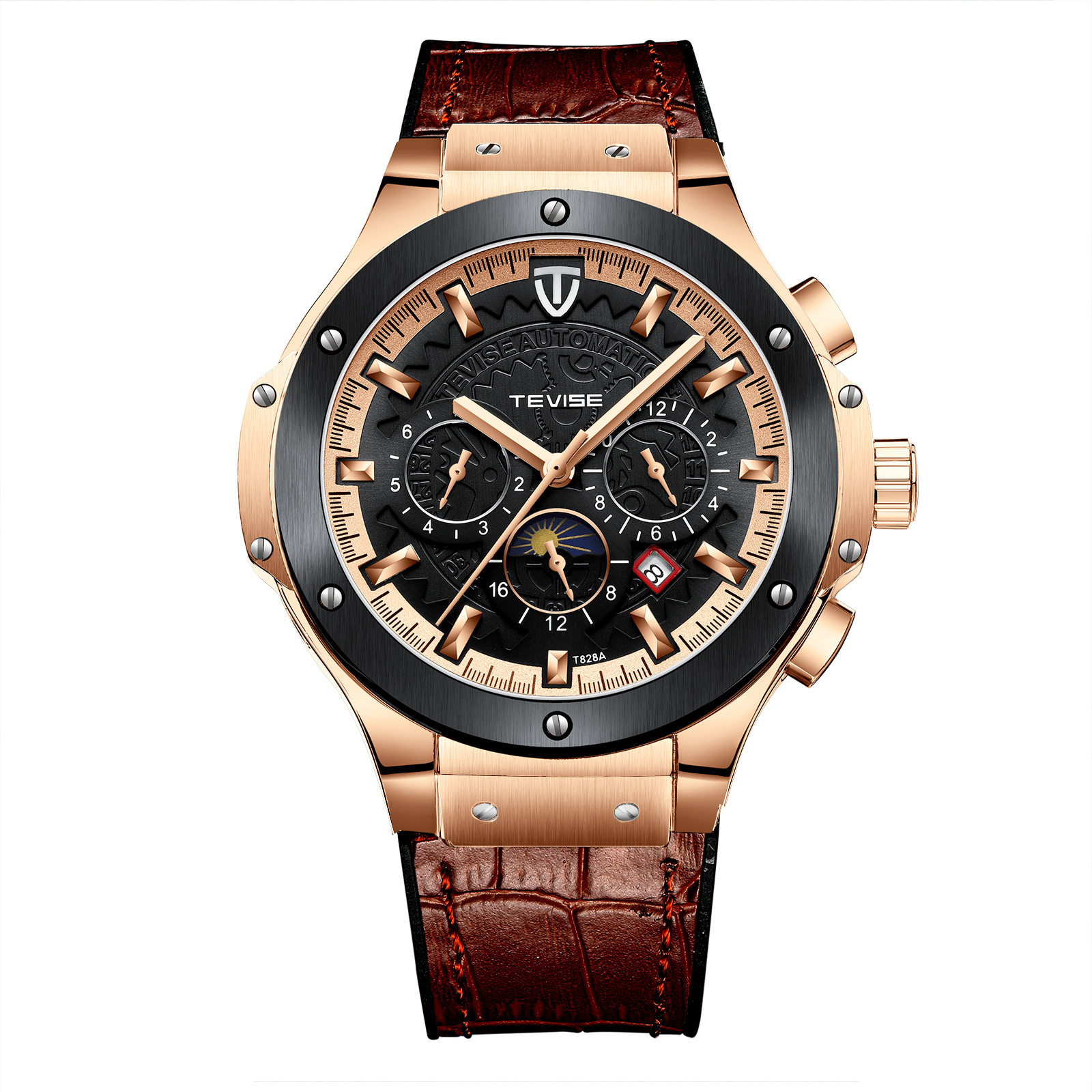 tevise特威斯新款时尚男士手表日月星辰全自动皮带休闲国产腕表