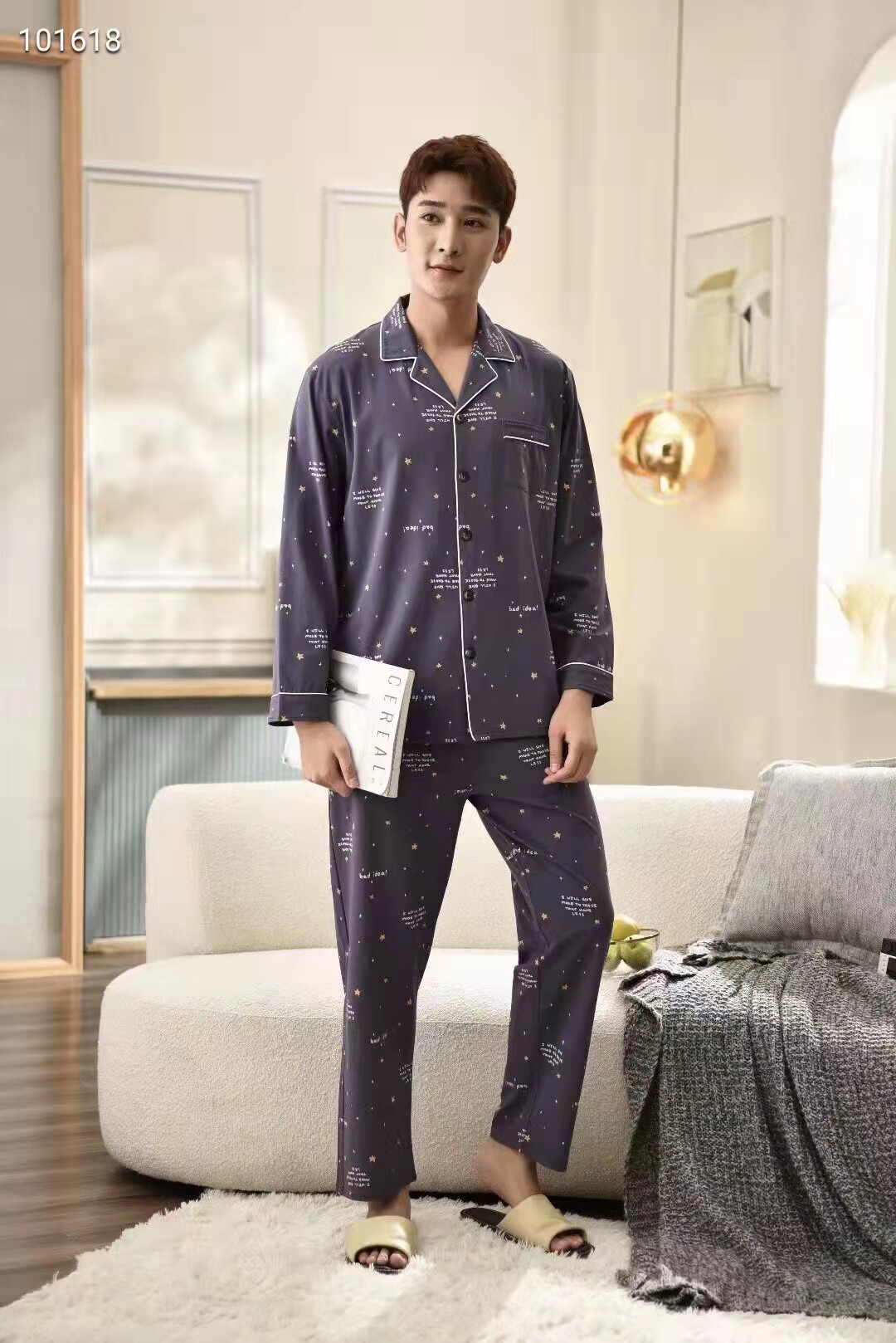 专柜正品雅巧春秋男款纯棉翻领开衫长袖家居服睡衣