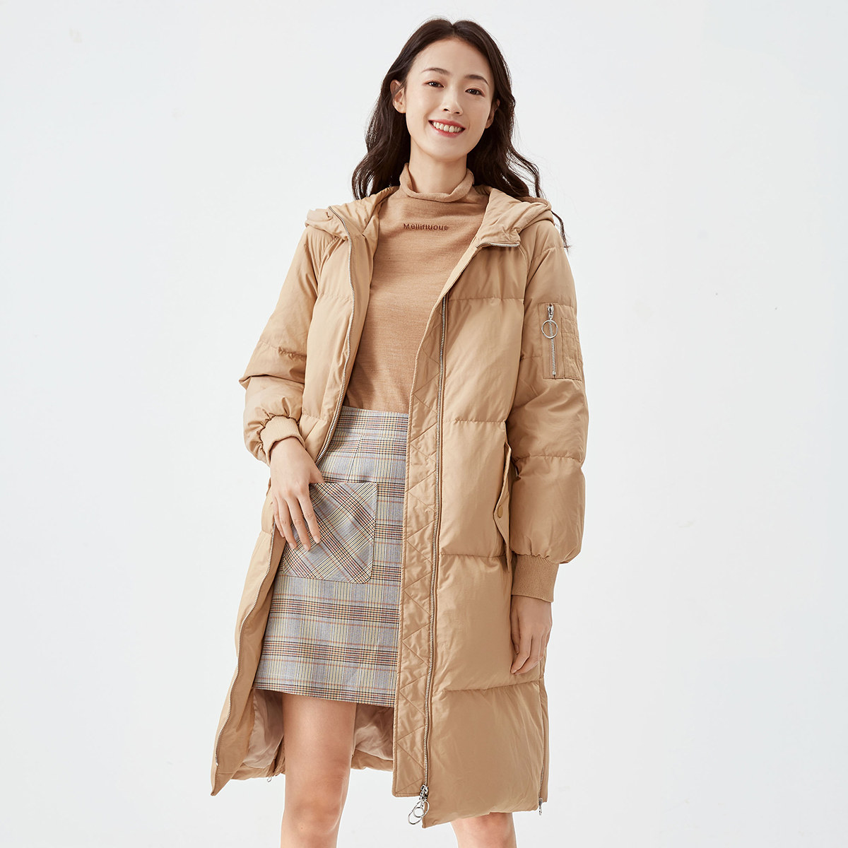 伊芙丽2020新款连帽中长款过膝韩版羽绒服宽松显瘦外套1ac981611