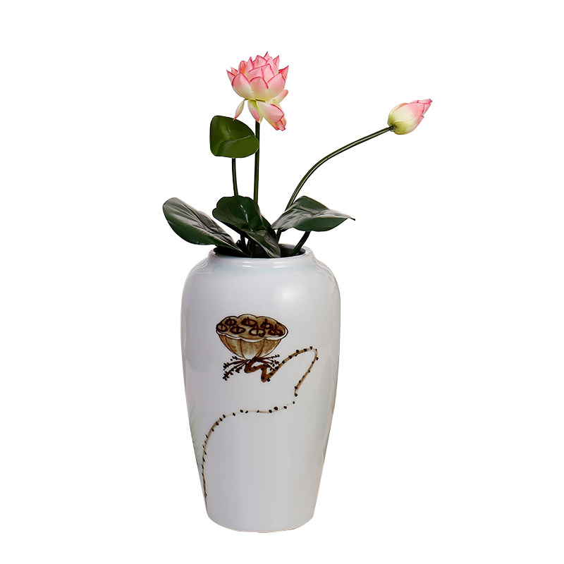 现代新中式手绘荷花陶瓷花瓶装饰品工艺品客厅柜台花瓶