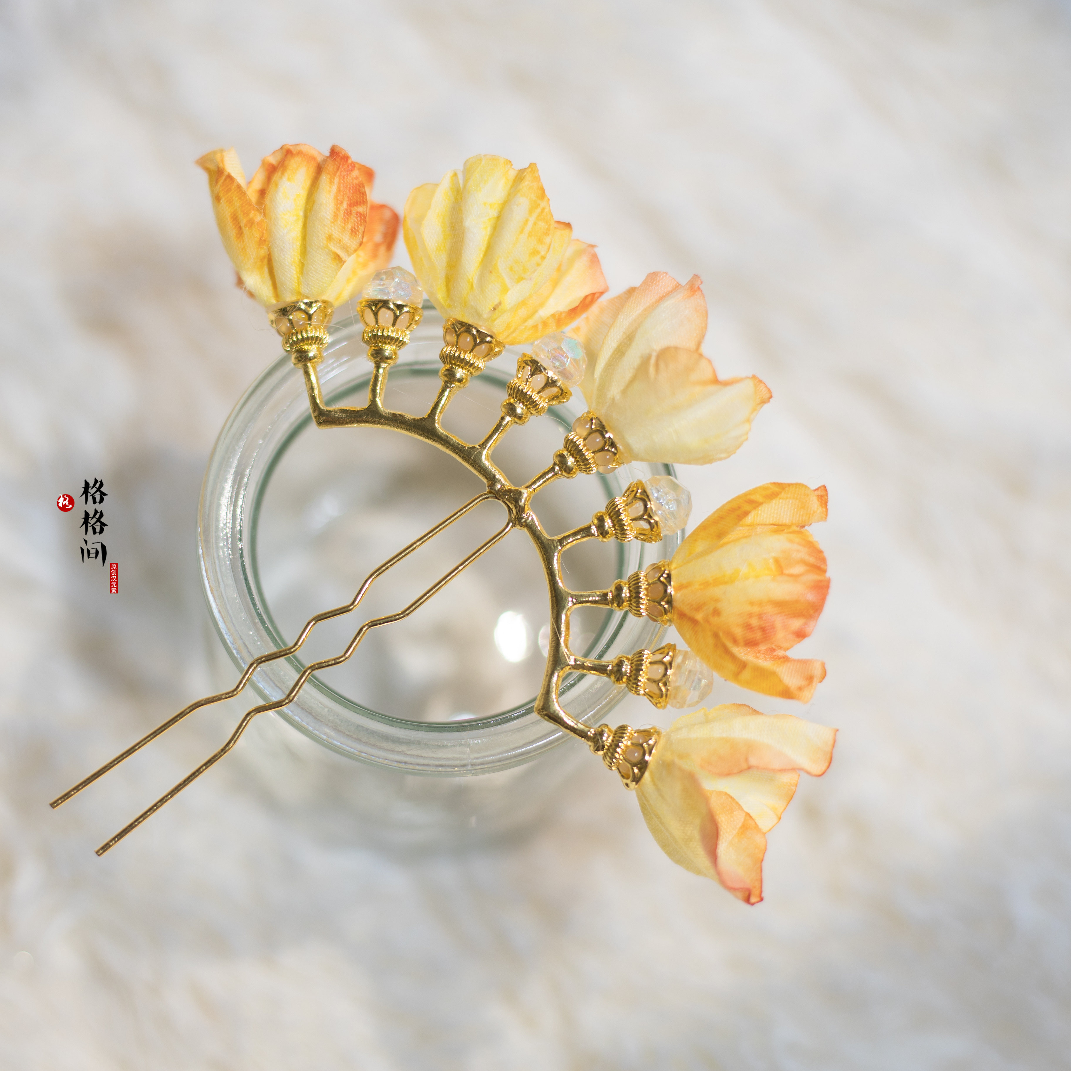 格格发簪头饰绢花发饰制发钗宋九排珍珠排簪发饰