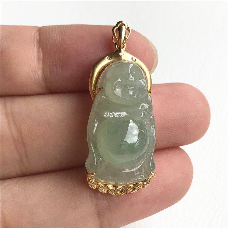 翡翠简安女款玉颈站佛镶金挂件玉佛阳底镶嵌颈饰