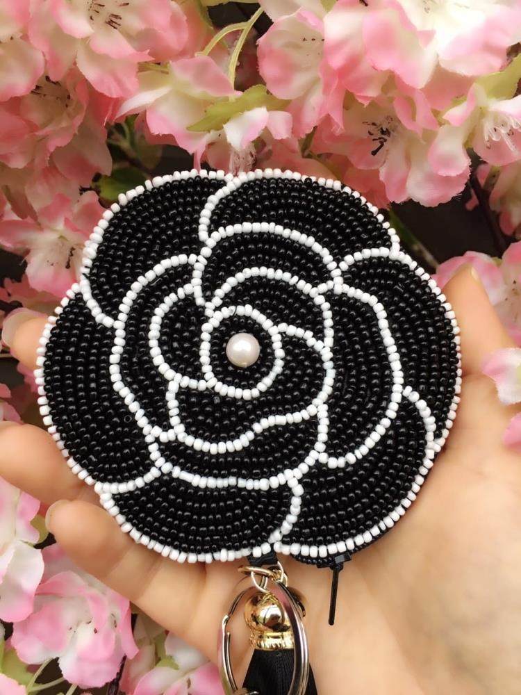 杜鹃珠绣包邮纯手工双面串珠优雅山茶花钱包