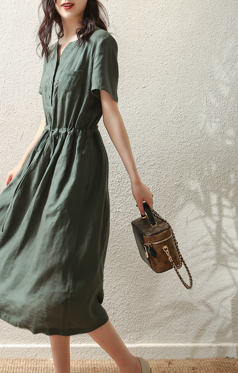 连衣裙2022夏季新款高端绿色亚麻气质胖MM减龄大码女装棉麻长裙子