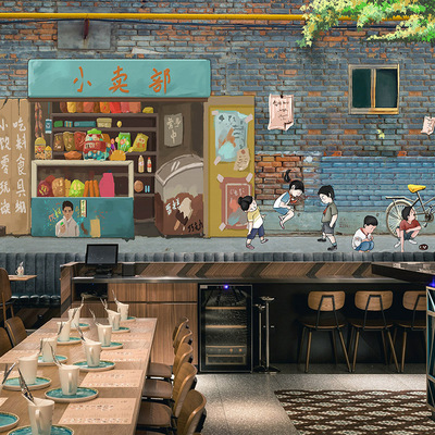 复古怀旧童年小卖部壁纸8090年代马路边路边火锅串串麻辣烫pvc墙纸
