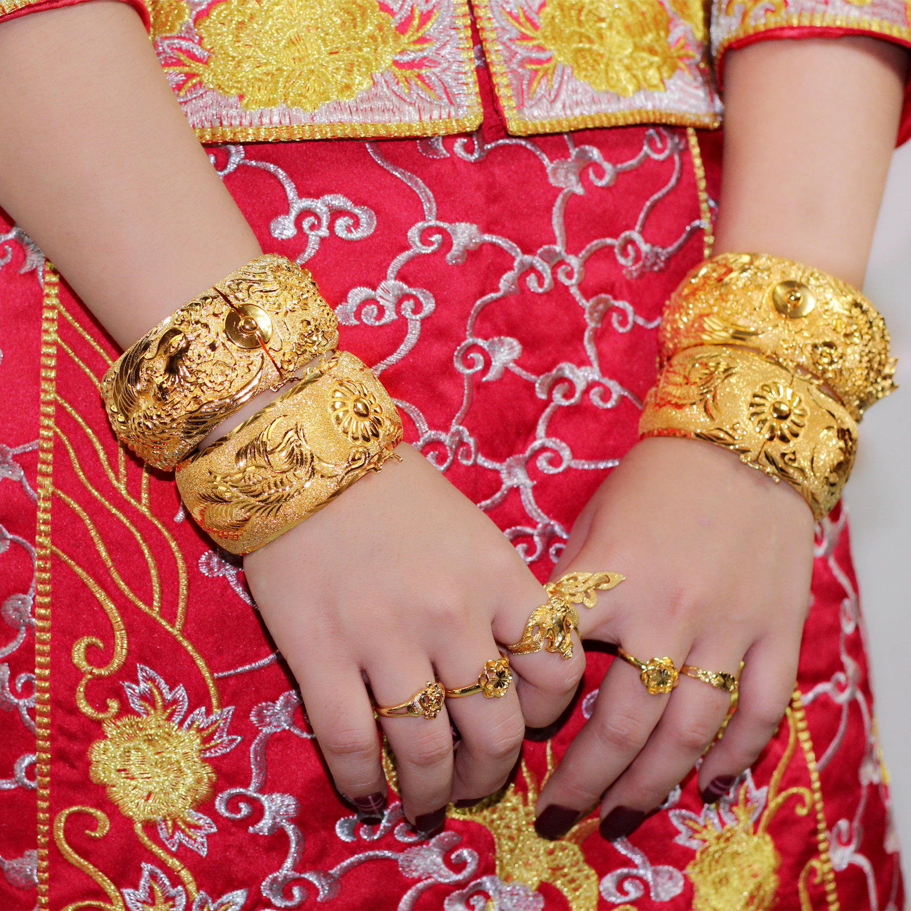 镀金龙凤手镯新款宽面新娘镯子双扣金手镯婚嫁手镯