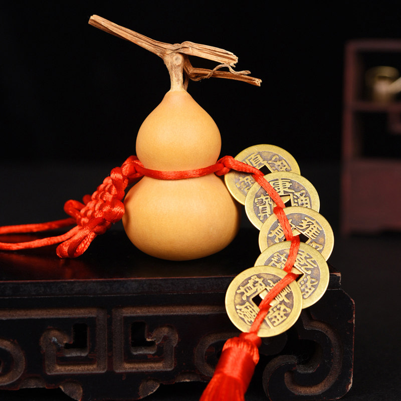 五帝钱挂件纯铜天然葫芦铜钱桃木吉祥中国结大门摆件