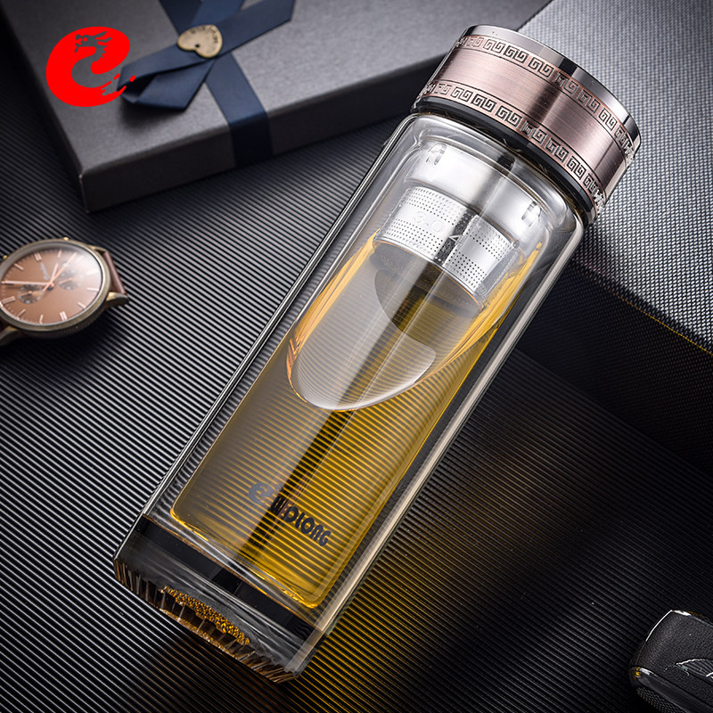 卧龙双层水杯隔热加厚男士便携车载泡茶杯子玻璃杯