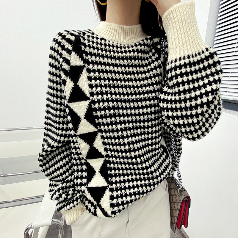 2020新款千鸟格毛衣秋冬半高高领宽松长袖套头毛衣