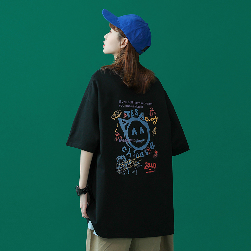原宿港风短袖女宽松韩版上衣2022新款夏季设计感小众情侣t恤潮ins