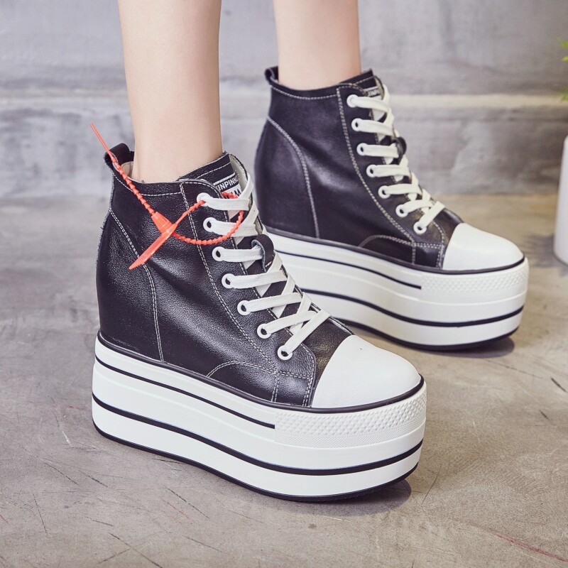 欧洲站真皮超高高跟厚底黑色松糕12cm增高小白鞋高帮鞋