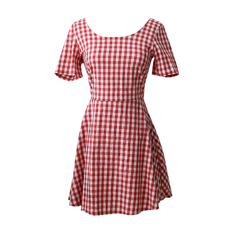 露腰红白格子连衣裙女夏2021新款复古甜美收腰连衣裙