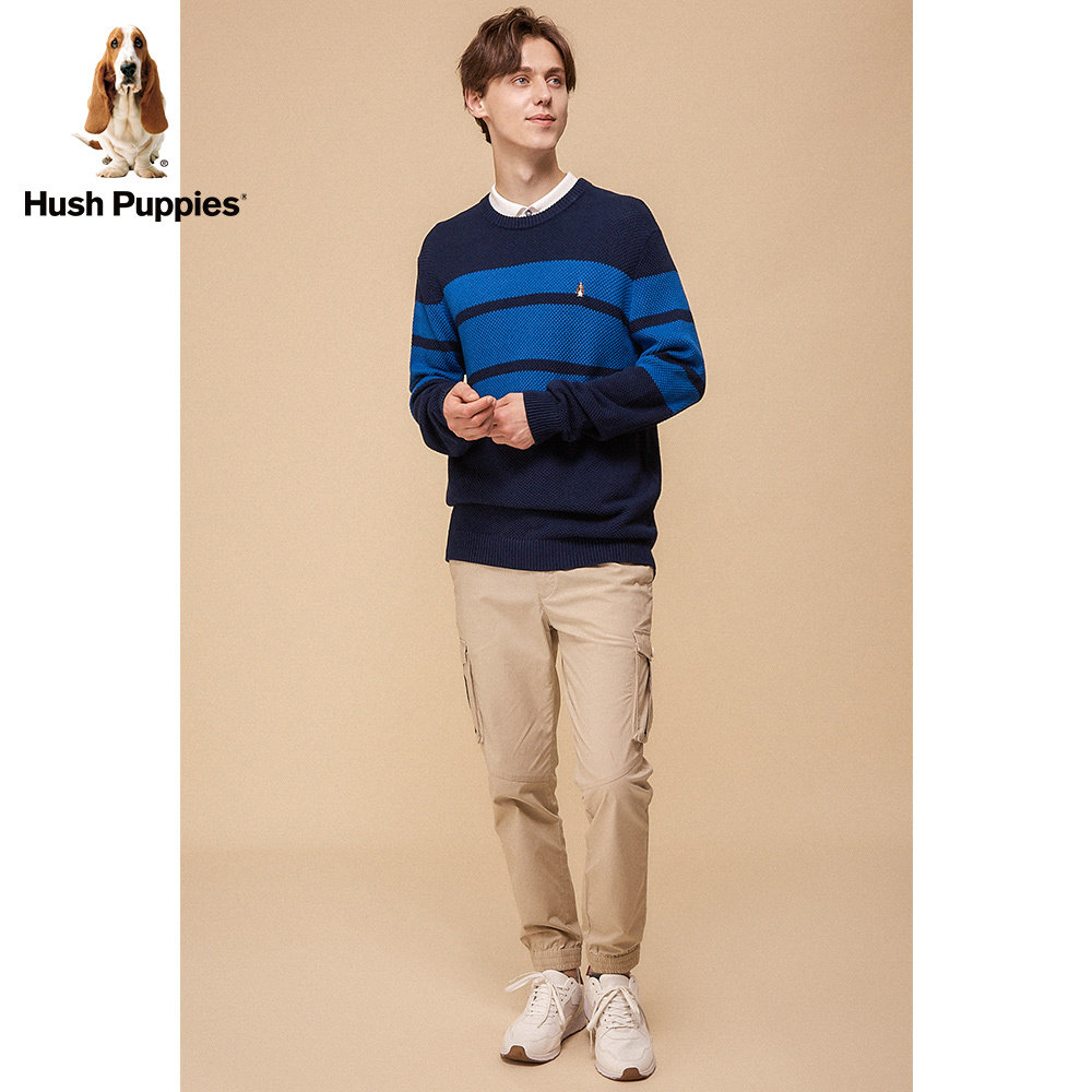 hushpuppies暇步士男装秋季新款间条撞色圆领针织衫pw20554d