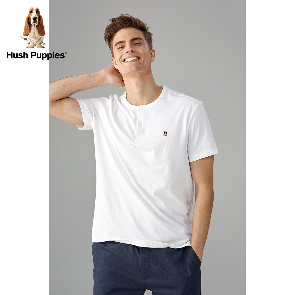 hushpuppies纯棉短袖开襟圆领舒适暇步士新款夏新款男装t恤