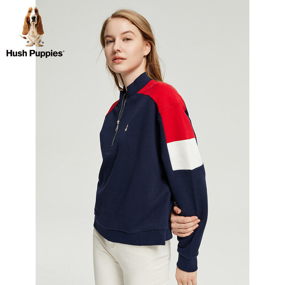 hushpuppies暇步士女装2021秋冬撞色拼接胸襟拉链卫衣