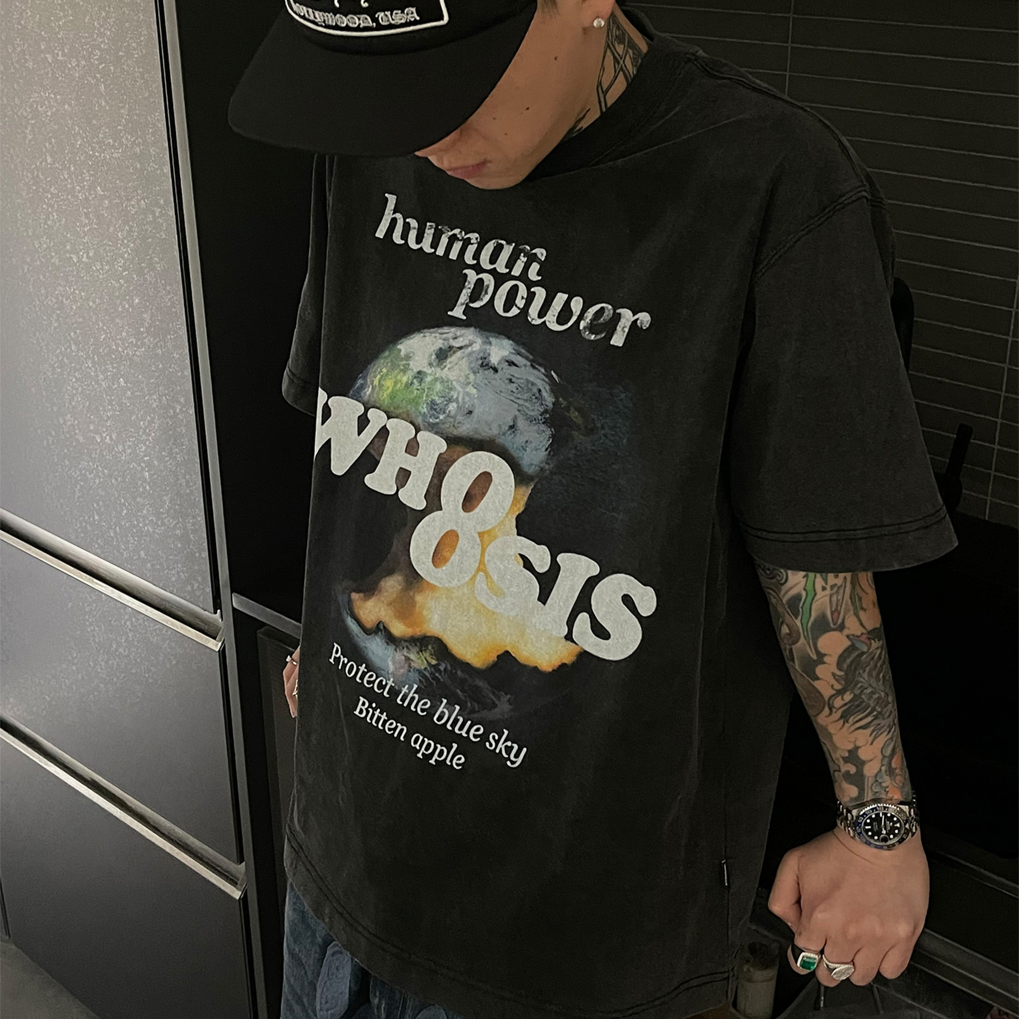 WHOOSIS（不知其名）缺失地球水洗短袖t恤复古街头嘻哈国潮男情侣