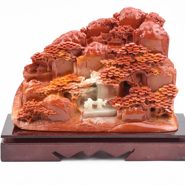 摆件寿山山石芙蓉红雕雕刻玉石石头步步高升假山摆件