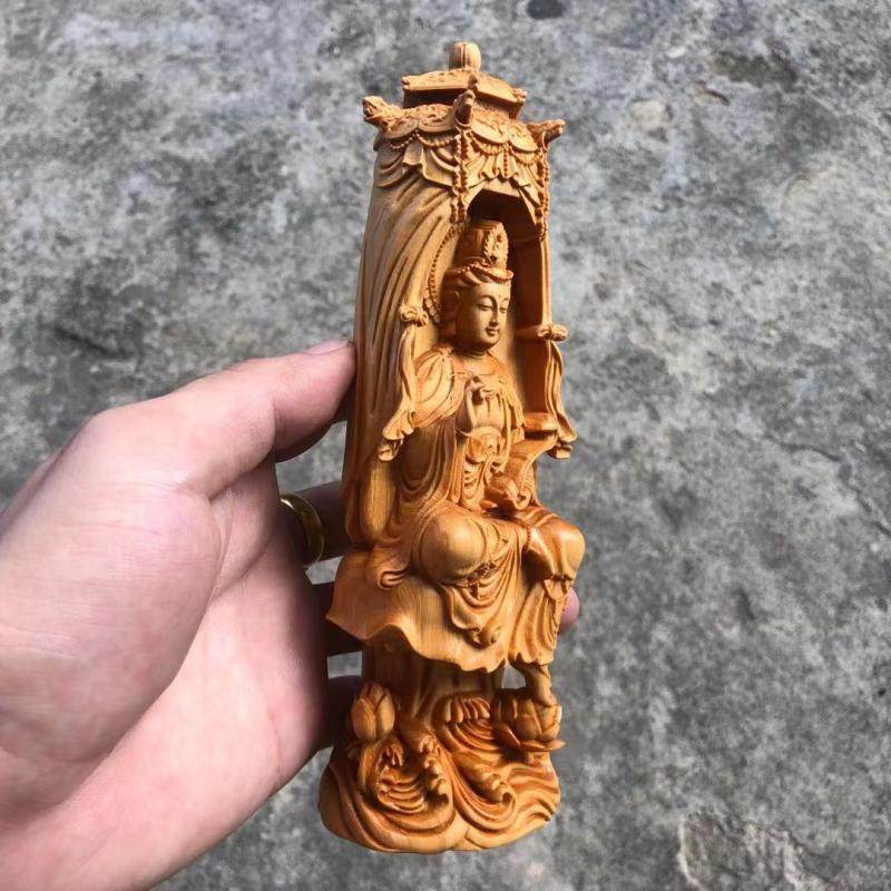 崖柏木雕宝盖如意观音菩萨佛堂供奉实木佛像木雕