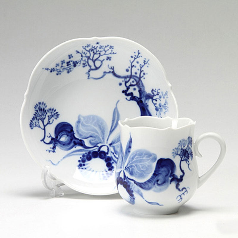 复古德国梅森meissen欧式手绘蓝色兰花硬瓷古风咖啡杯