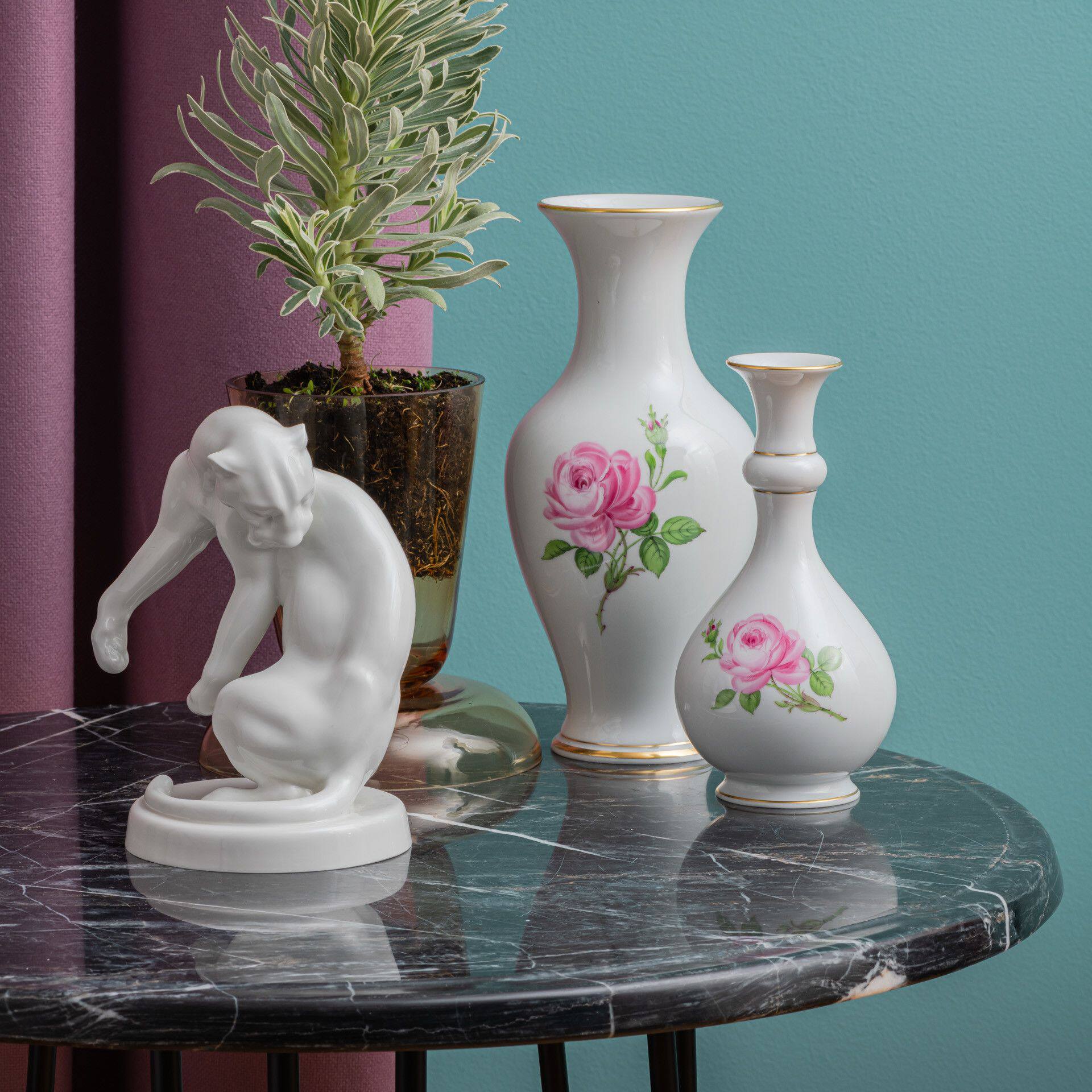 德国梅森meissen粉色玫瑰手绘硬瓷花瓶装饰品家居花瓶