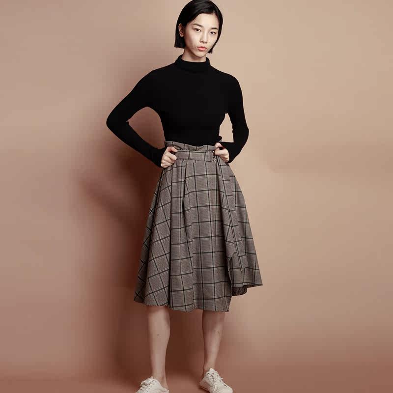 中和休闲女装格纹腰带半身百搭裙摆秋季新品clqc3001半身裙