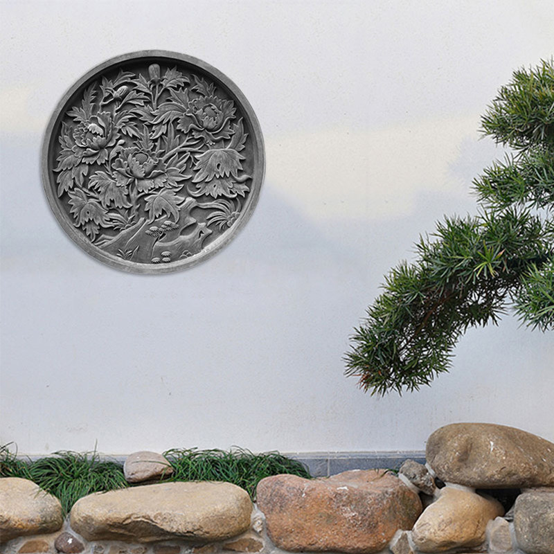 古建砖雕仿古青砖浮雕中式围墙装饰古建影壁圆形牡丹照壁墙画60cm