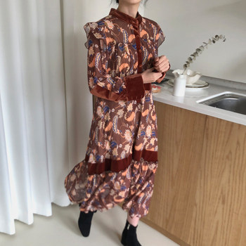 Korean chic ດູໃບໄມ້ລົ່ນ elegant stand-up collar velvet splicing design slimming high waist ruffled long-sleeved floral dress