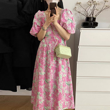 Korean chic summer French elegant square neck high waist slim puff sleeve full screen floral long dress for women