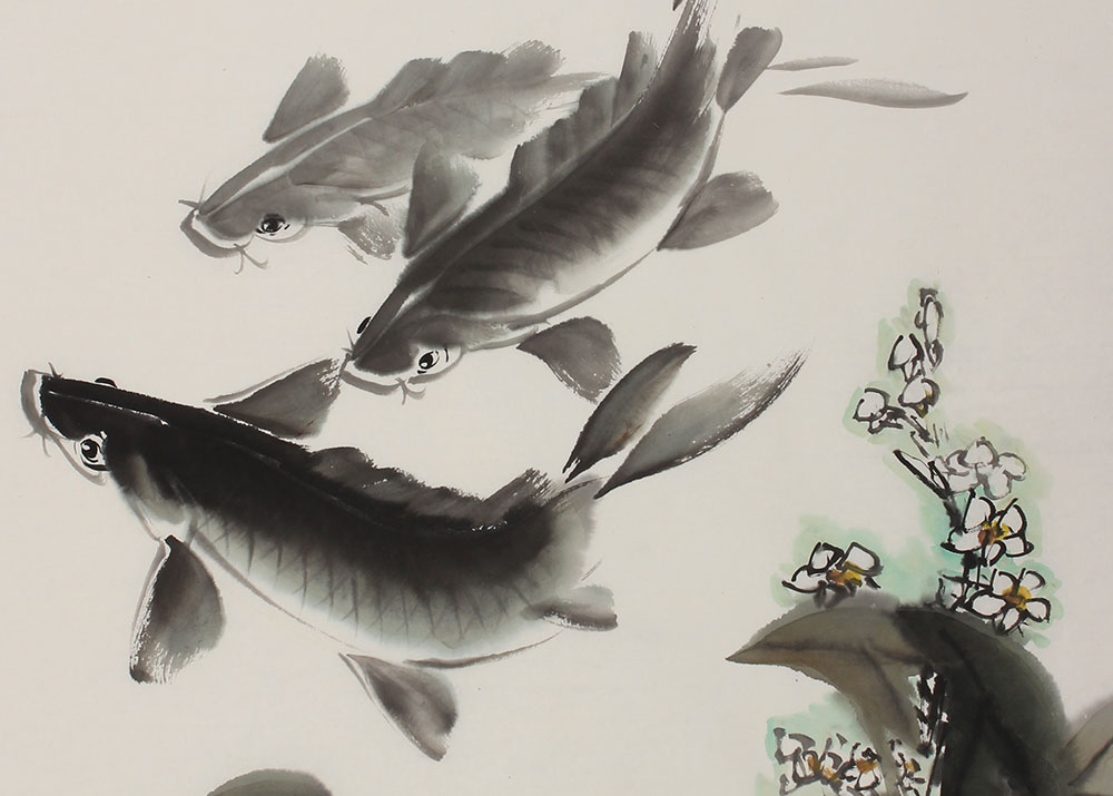 客厅书房荷花九鱼图中中国画鱼画国画水墨字画国画