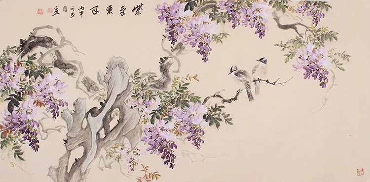 紫藤国画紫气东来横幅现代会所客厅装饰字画手绘国画