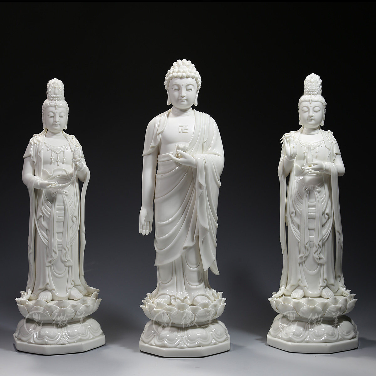 结缘德化陶瓷15吋立莲西方三圣像站像立像白瓷器佛像工艺品摆件