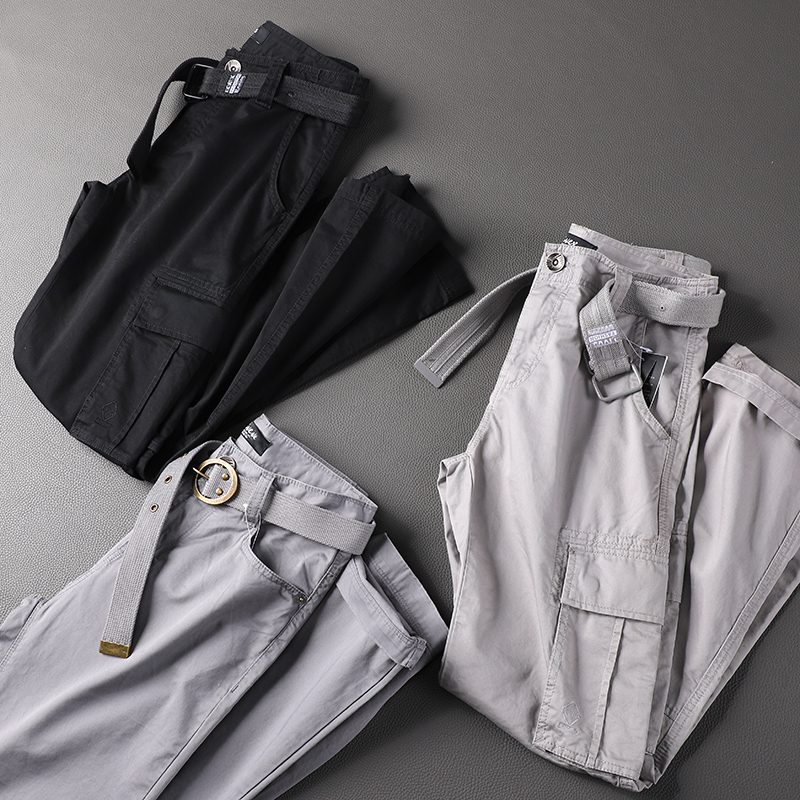 配腰带春夏青年男士纯棉工装裤休闲多袋长裤子纯色百搭宽松直筒裤