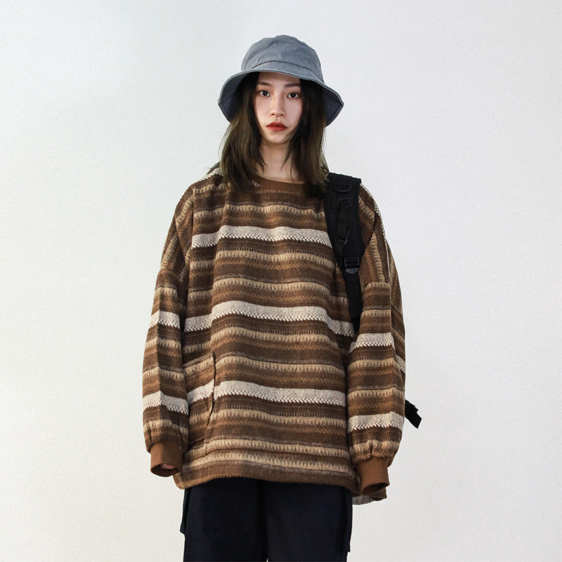 富士下山 19AW民族风条纹复古灯笼袖圆领卫衣中性风长袖/男女