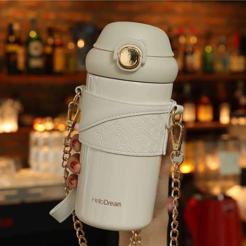 小香风保温杯女生高颜值高级水杯500ml带子斜挎双饮口保温杯