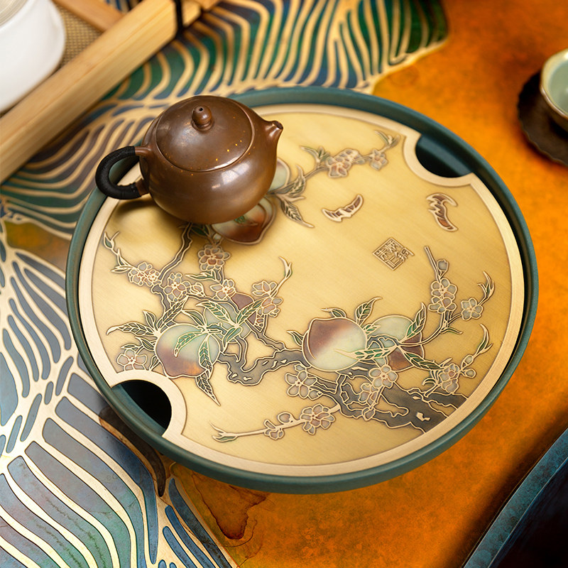 朱炳仁铜 实用多功能茶盘果盘 茶具配件 家居摆件 福寿双全圆盘