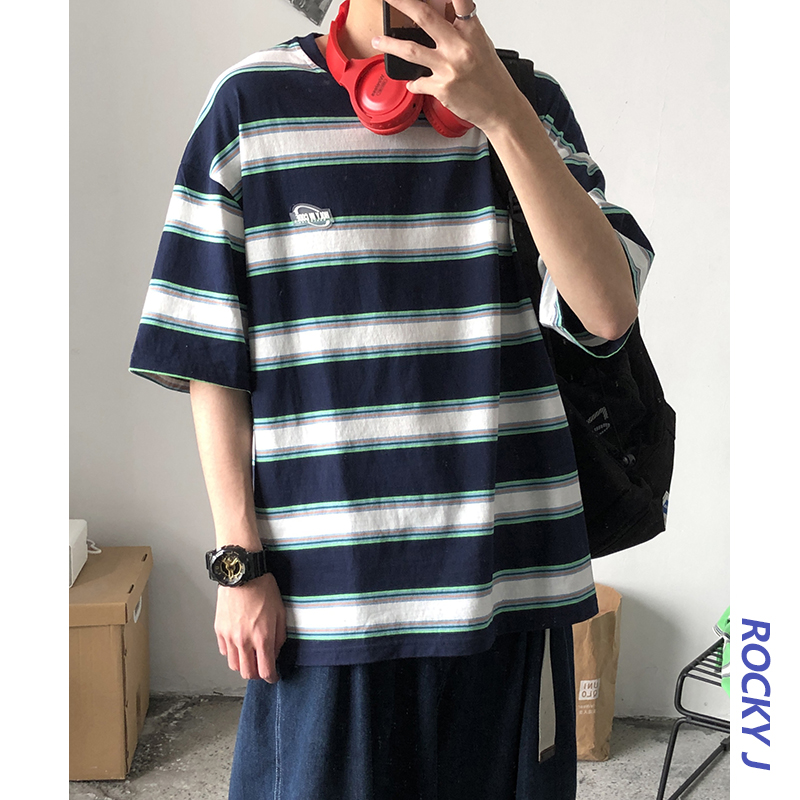 ROCKY家 夏季短袖男韩版ins潮流条纹T恤日系原宿潮牌宽松半袖上衣