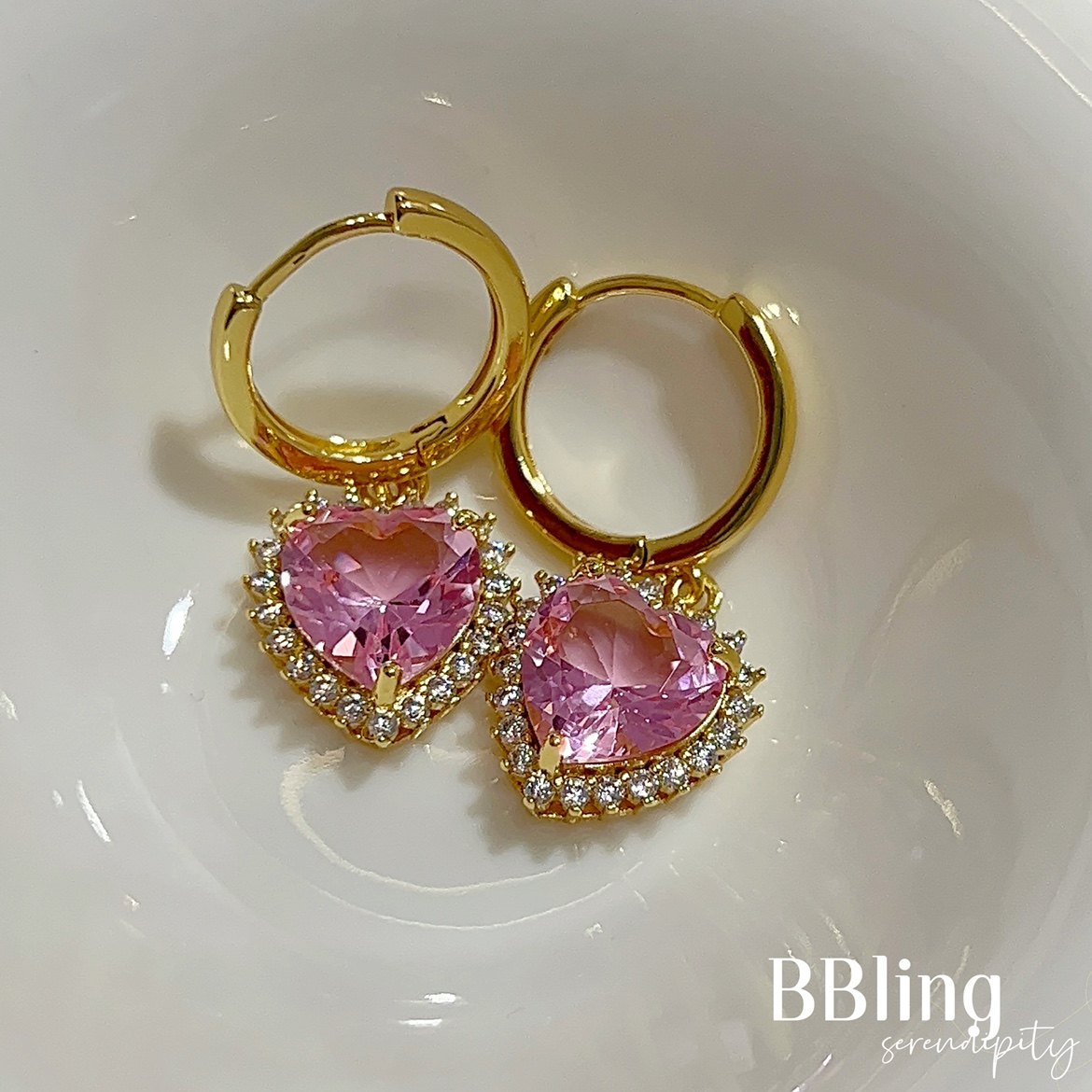 bb彩色宝石爱心耳环海洋之心粉红红蓝紫绿微镶满耳环