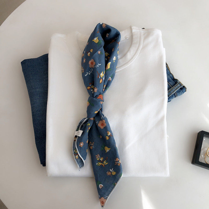 新款复古牛仔蓝色碎花领巾清新小方方巾棉麻围巾