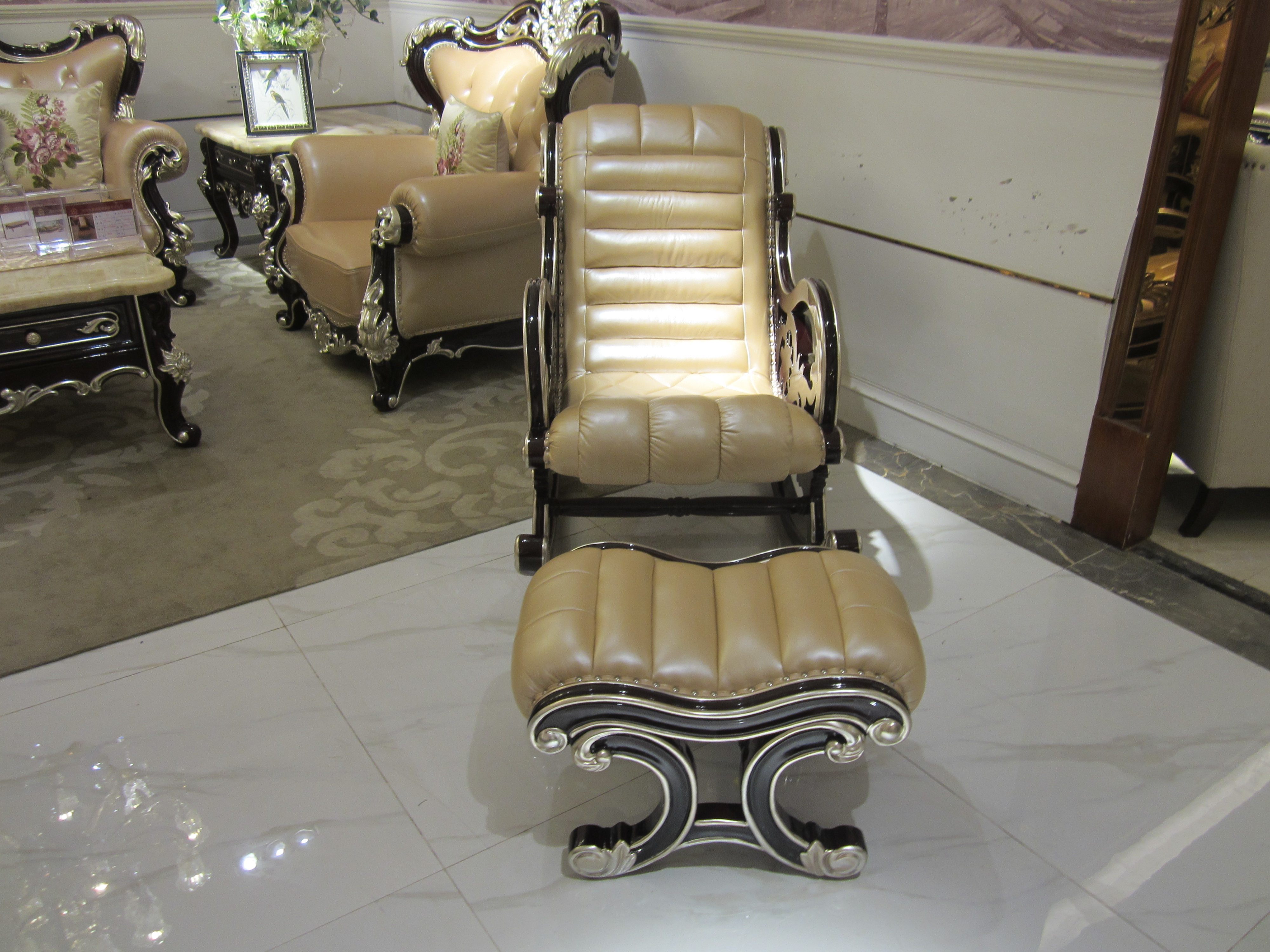 摇椅欧式真皮he脚踏新古典古典轻奢檀描金摇椅摇椅