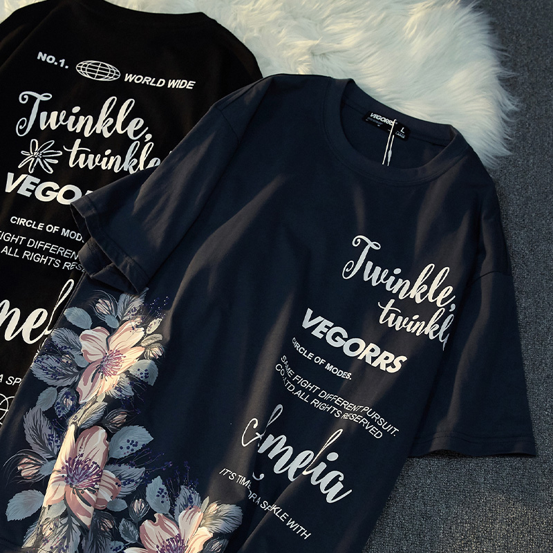 森林盛开的玫瑰 国朝复古oversizes宽松印花短袖T恤男女潮牌上衣