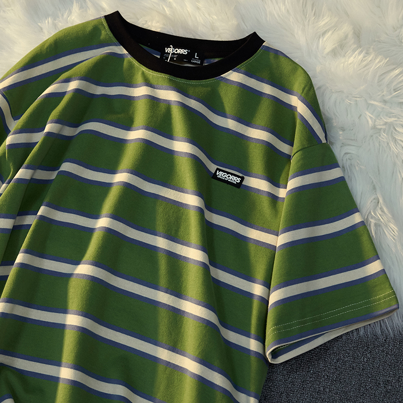 莫问条纹 潮牌夏季日系复古国潮半袖情侣装潮流宽松短袖T恤男女