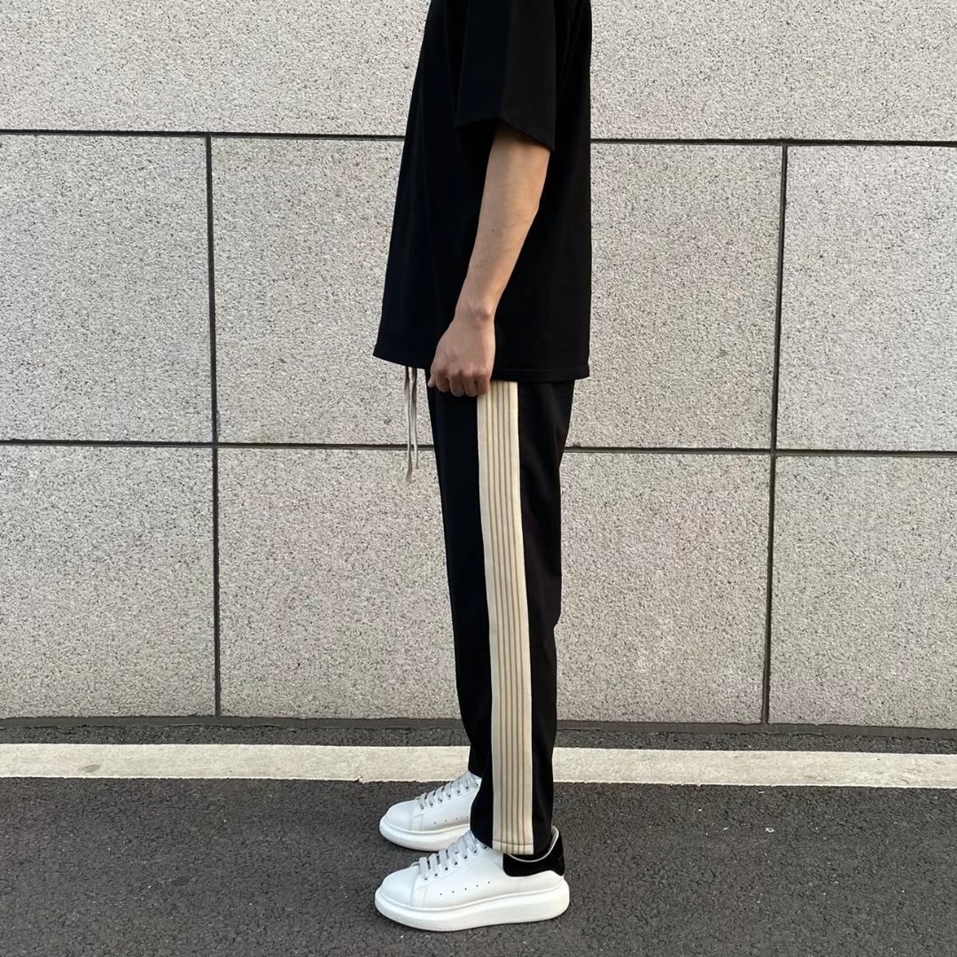 夏季九分裤男直筒休闲裤侧边杏色条纹运动裤潮牌百搭男女宽松ins