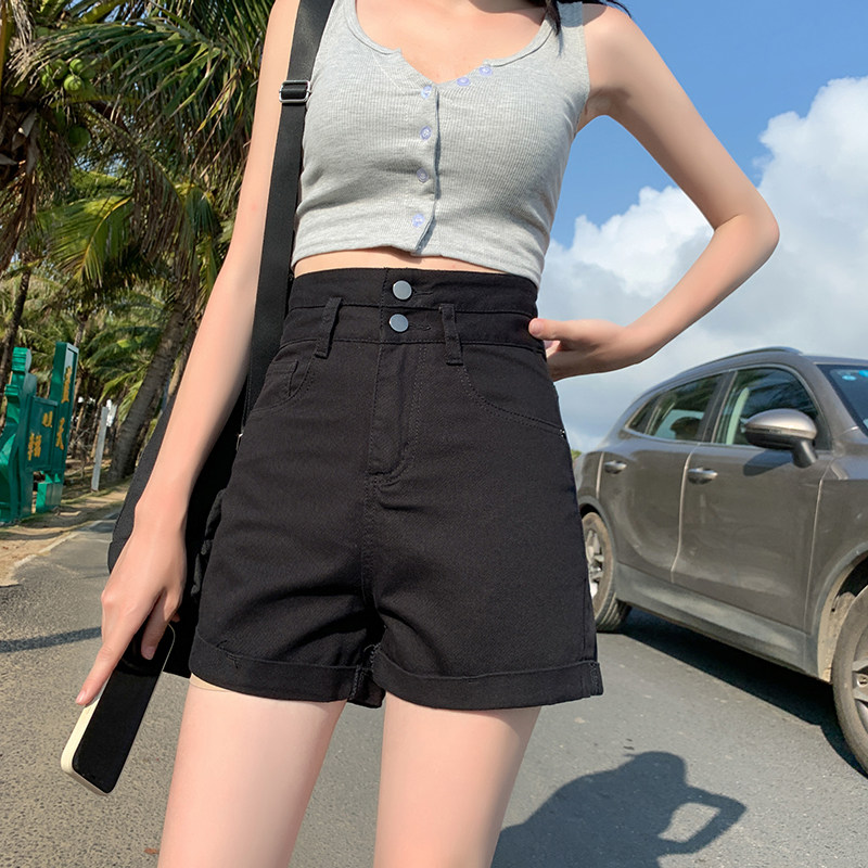 黑色牛仔短裤女超高腰显瘦2022秋冬新款a字宽松阔腿卷边热裤秋季