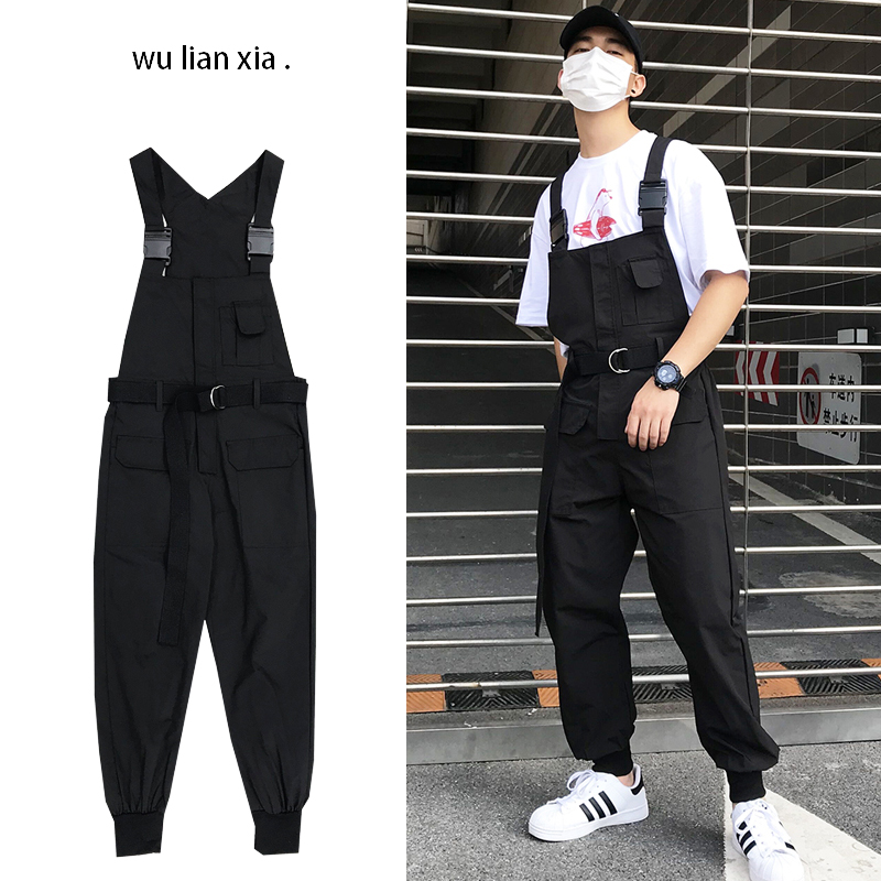 新款潮流嘻哈街头工装背带裤男士潮牌复古宽松吊带连体束脚裤套装