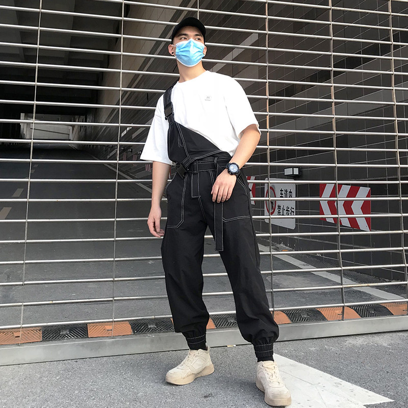 潮牌黑色背带裤套装连体工装九分裤男生韩版潮流宽松网红吊带裤男
