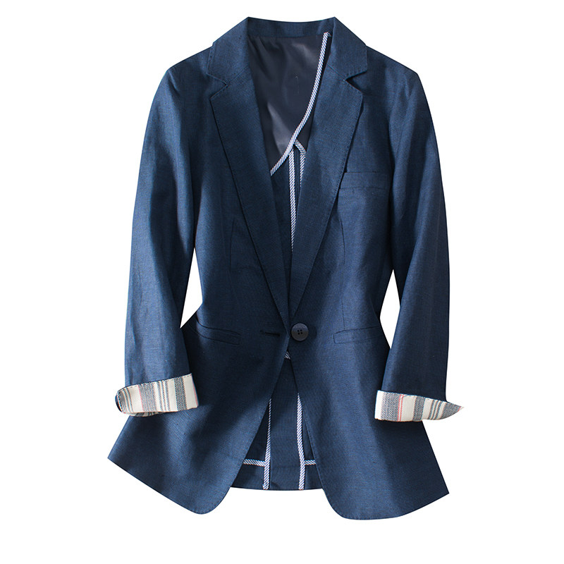 时尚通勤口袋装饰翻边条纹蓝色棉麻西装女外套西装