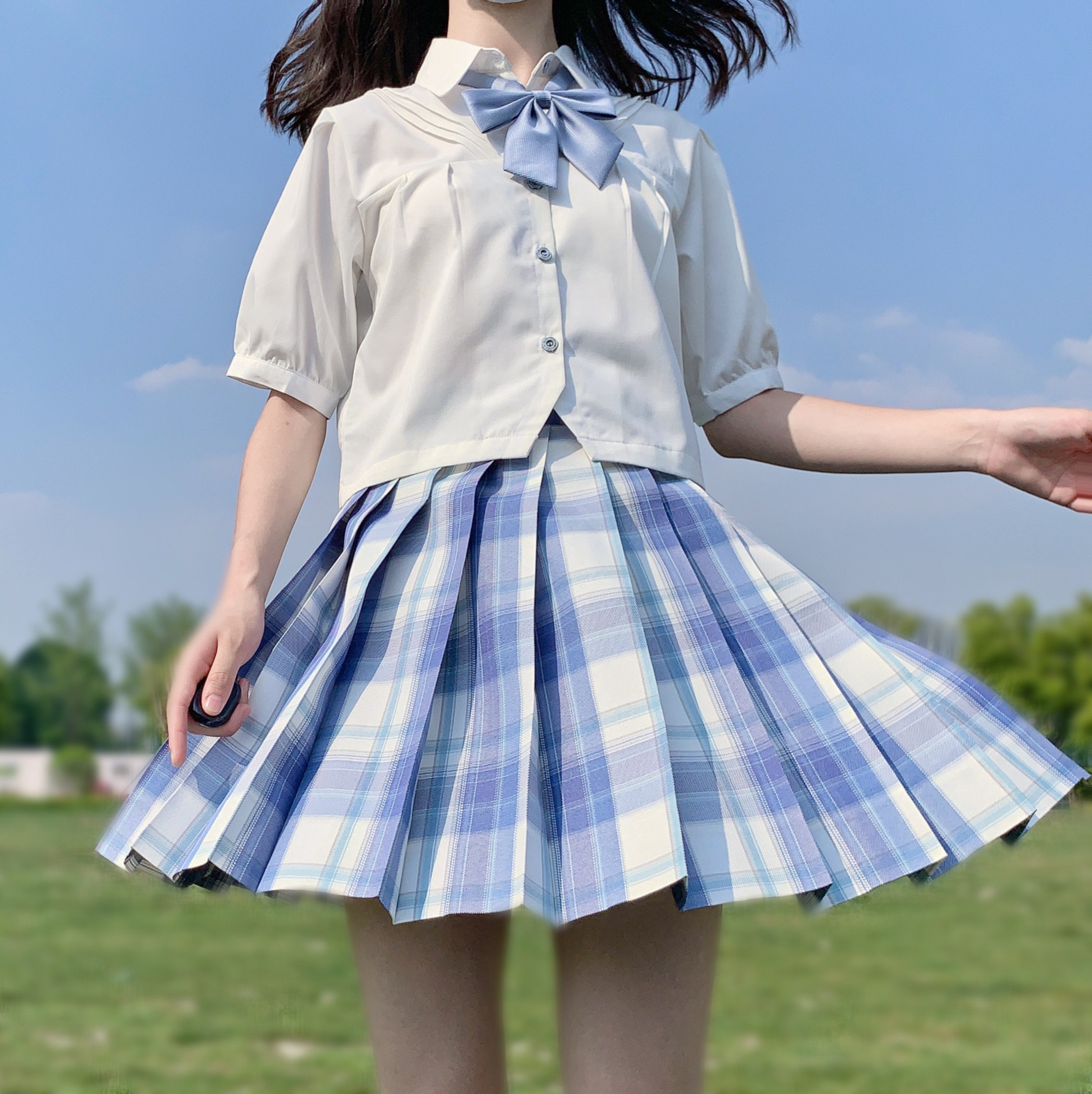 jk售罄观赏蓝犀牛海螺夏日清爽蓝绿绿格原创jk