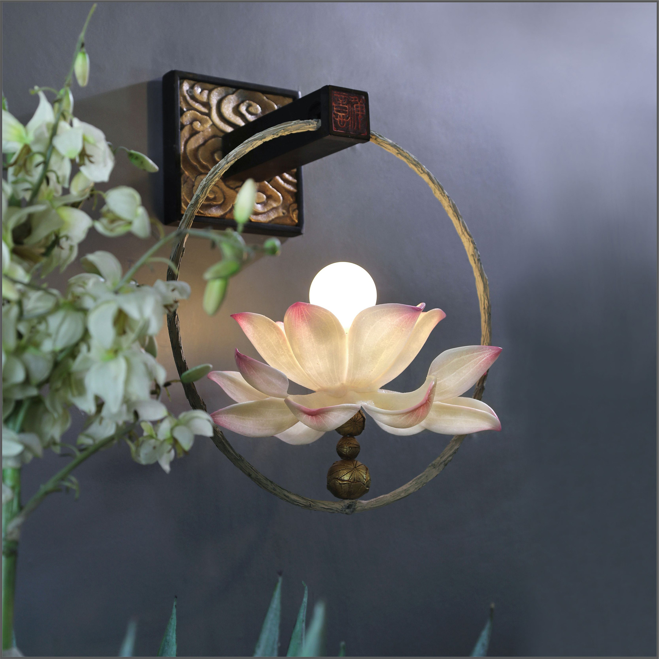 新中式台灯电池床头卧室莲花过道客厅创意灯阳壁灯