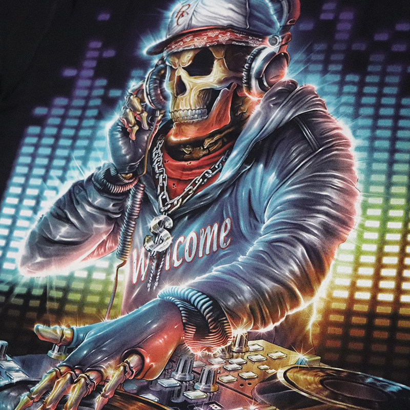 新款无缝桶织嘻哈骷髅死神dj摇滚乐队夜光短袖t恤